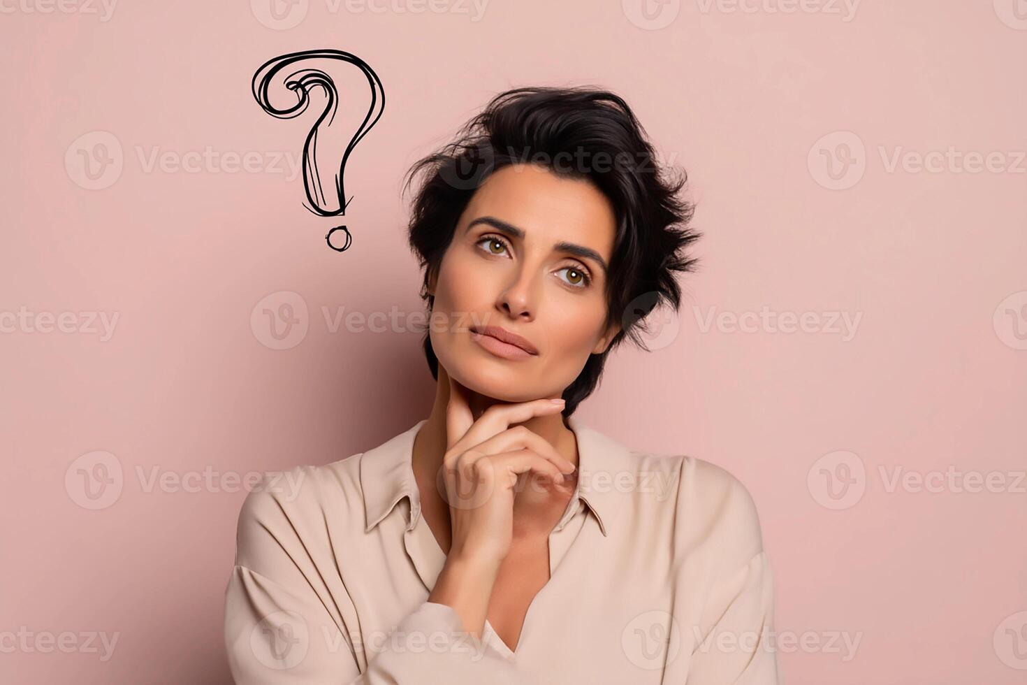 Contemplative woman pondering a question against a soft pink background, showcasing curiosity and introspection in a thoughtful moment photo