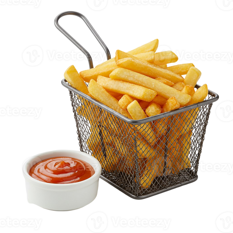 French fries in a serving with sauce and no background png