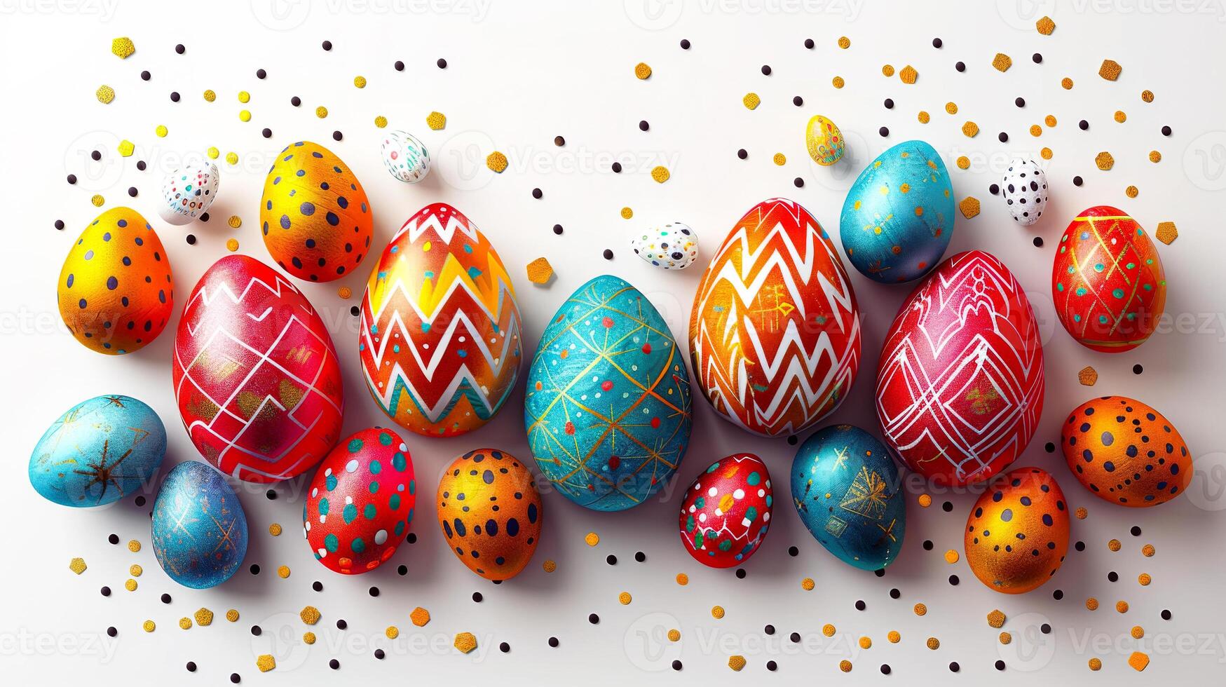 This festive Easter illustration features a vibrant collection of painted eggs in a dynamic arrangement on a clean white background. The eggs showcase a variety of intricate patterns photo