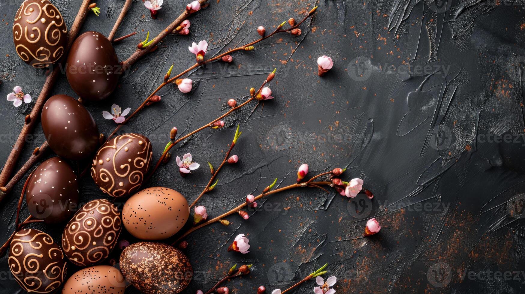 A stylish Easter composition featuring a variety of chocolate eggs-some decorated with elegant swirls and patterns-arranged alongside blooming willow branches on a dark textured background. photo