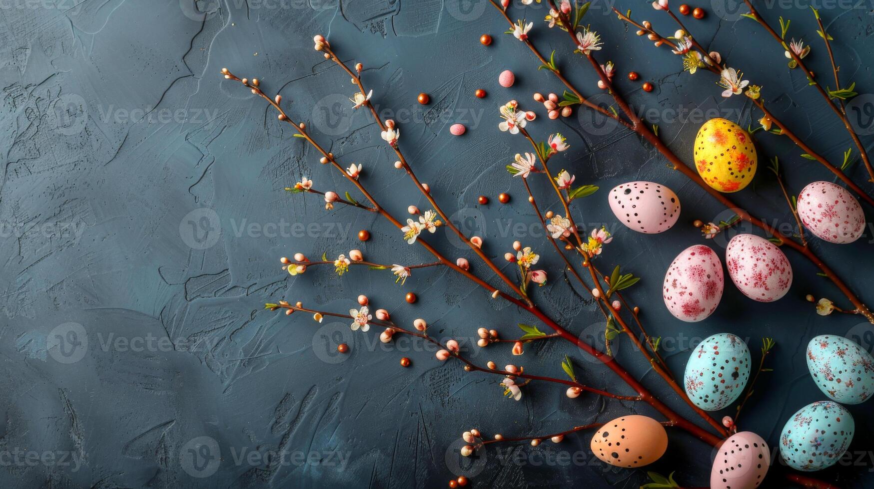 Decorative Easter eggs in pastel colors with spring blossoms and candy on a dark textured surface. Colorful Easter Eggs and Blossoms on Dark Textured Background photo