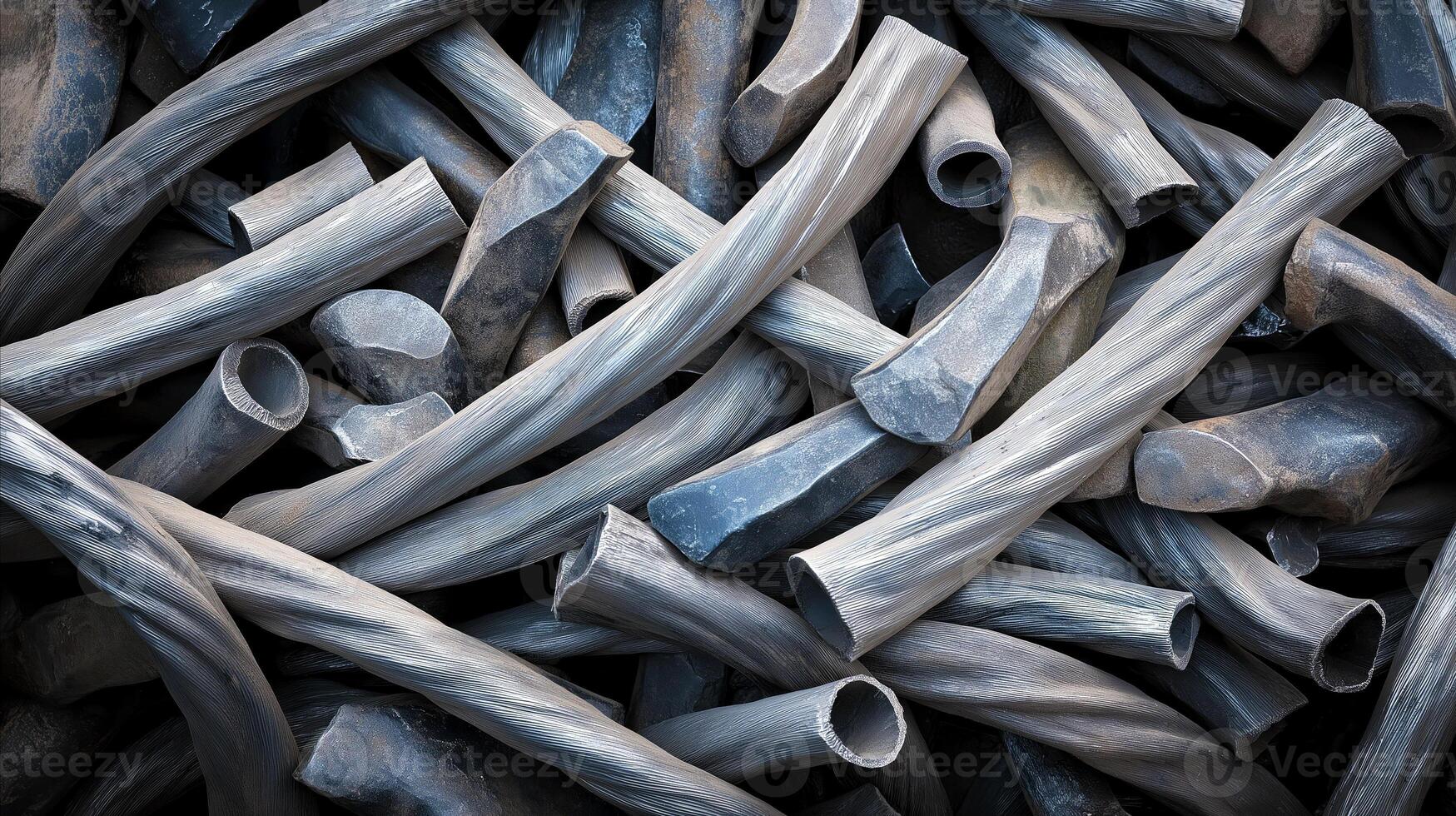 Pile of lead scrap, primarily composed of old, deformed cable sheaths ready for recycling. The raw, recycled material often used in metal recovery and heavy industry photo