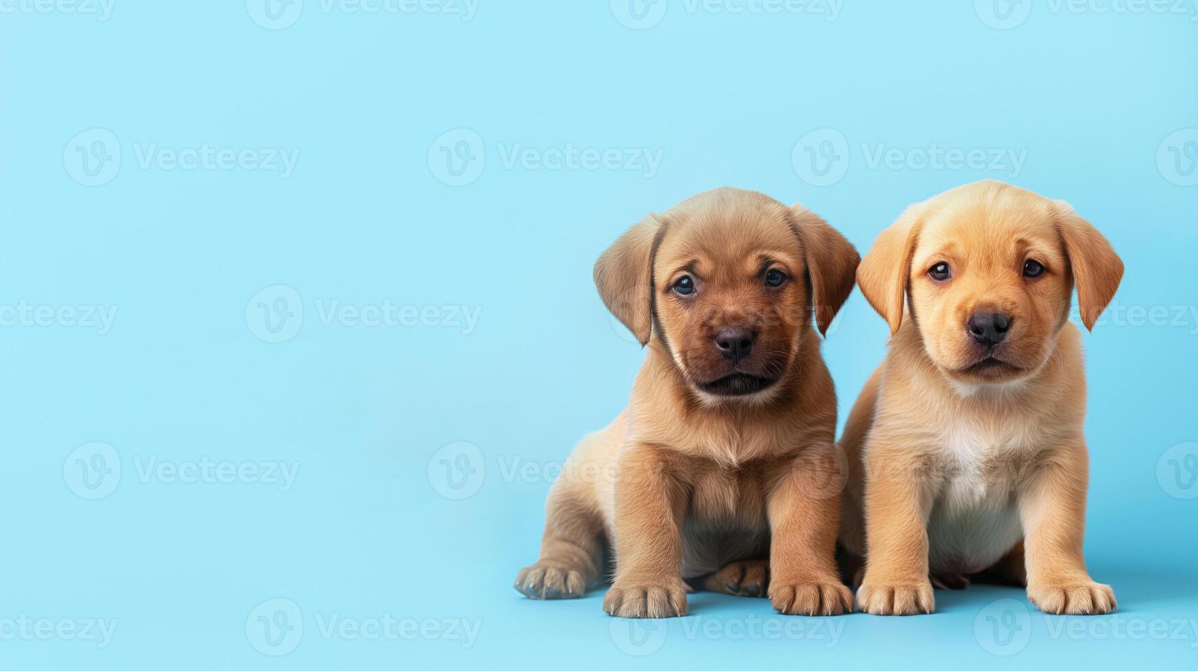 Pair of adorable Labrador Retriever puppies sitting side by side on blue background. Their expressive eyes and innocent faces evoke warmth, happiness. For pet-related advertisements photo