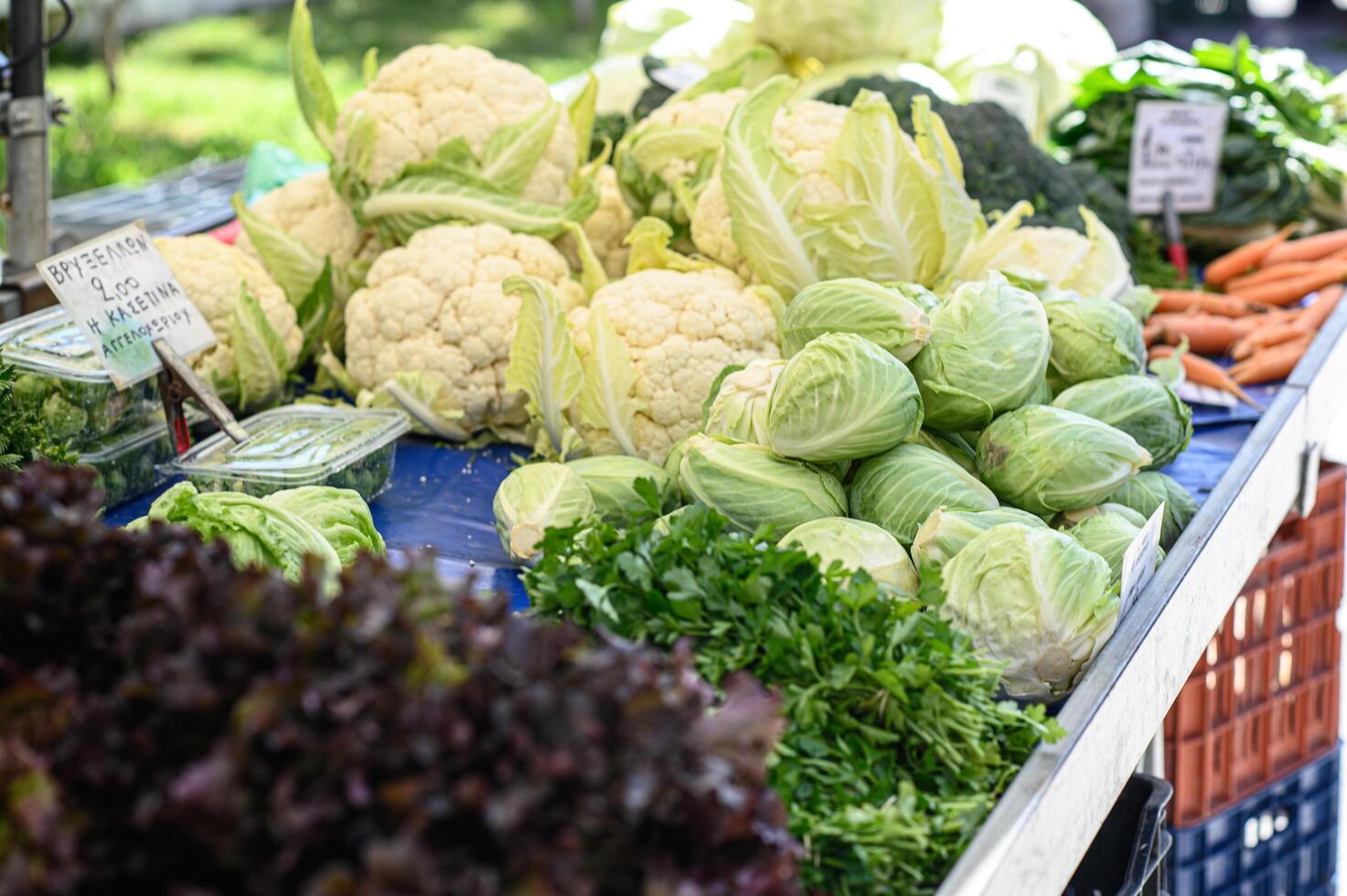 A vibrant selection of organic vegetables, including leafy greens, peppers, and root crops, arranged on a market stall. photo