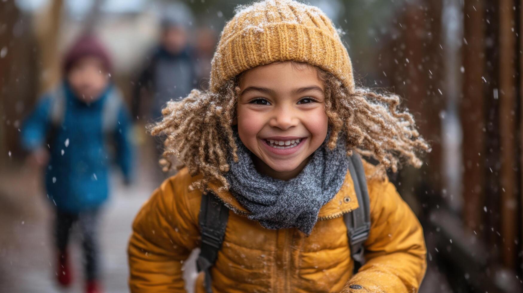 Children enjoying a winter day in a snowy landscape while making happy memories outdoors in a scenic neighborhood photo