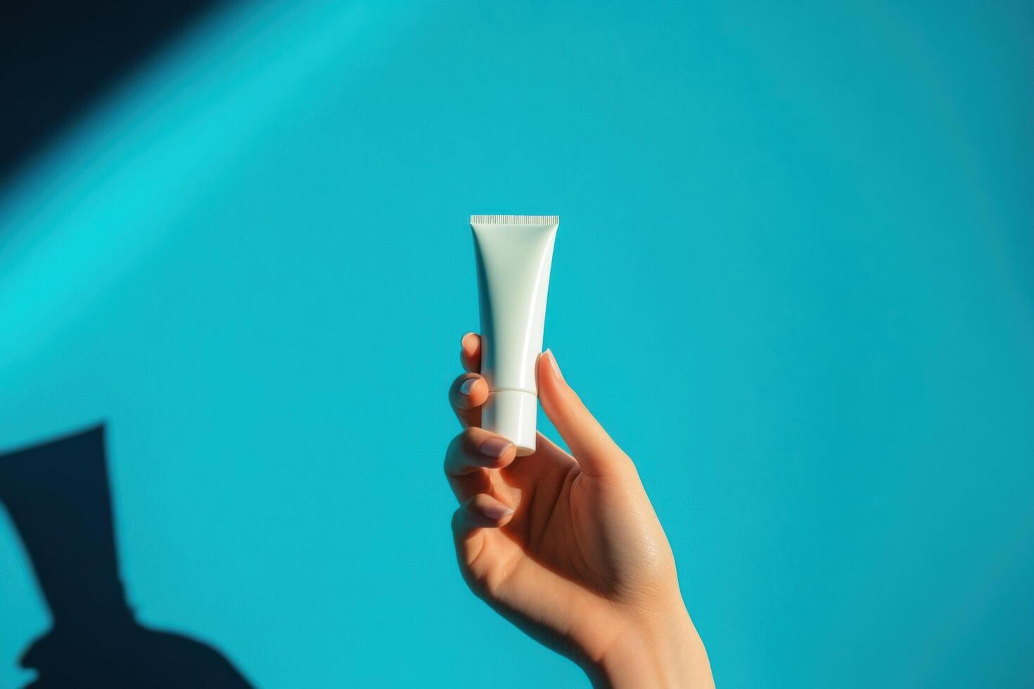 A person holding a tube of cream on a blue background photo