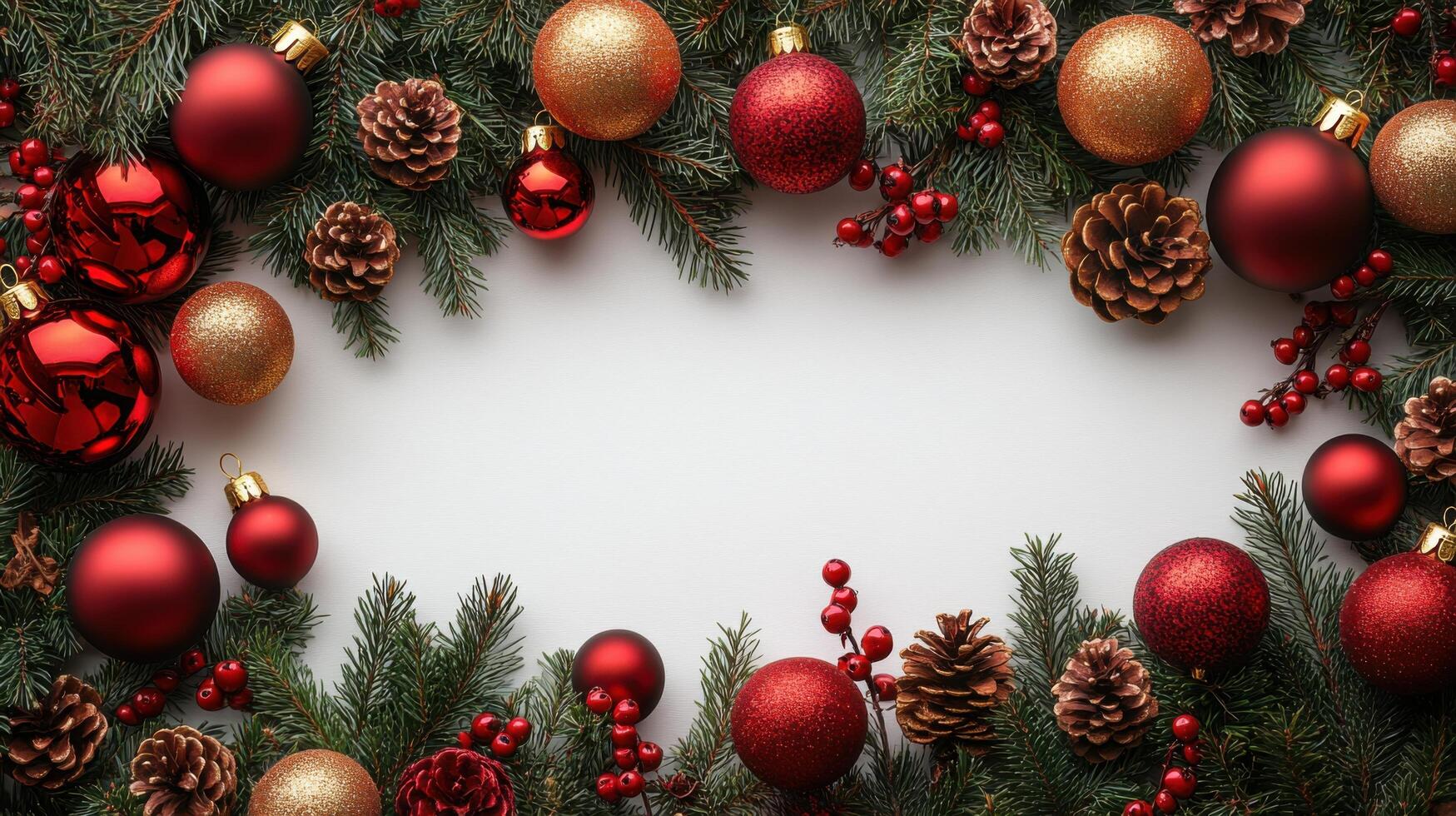 Colorful Christmas ornaments and pine branches create a festive decoration for the holiday season photo