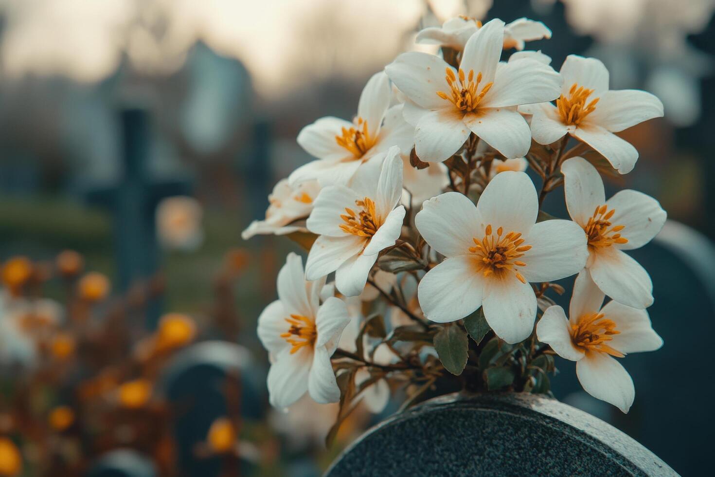 A white flower is sitting on top of a tombstone photo
