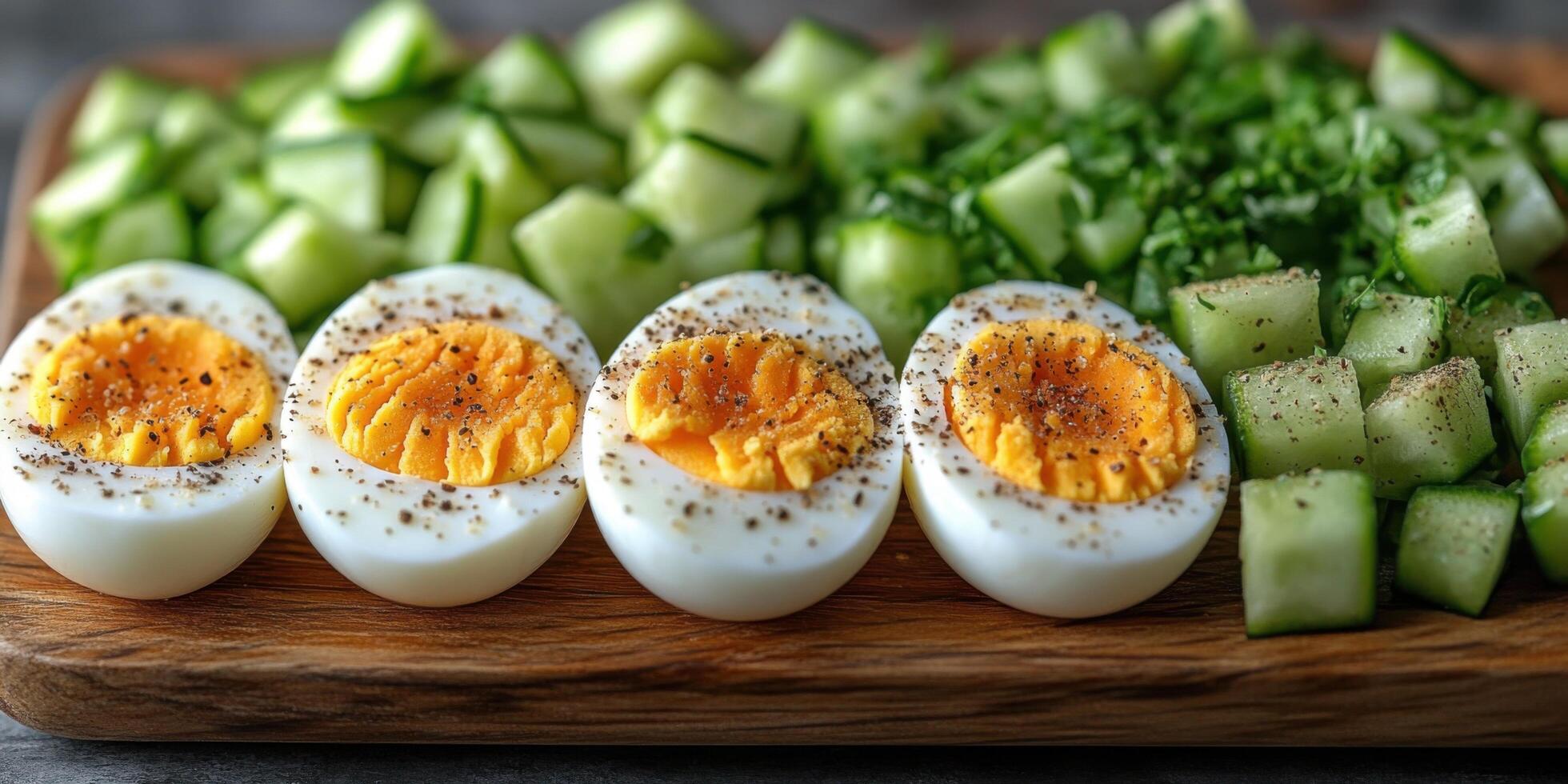 A cutting board with hard boiled eggs, cucumbers and celery photo
