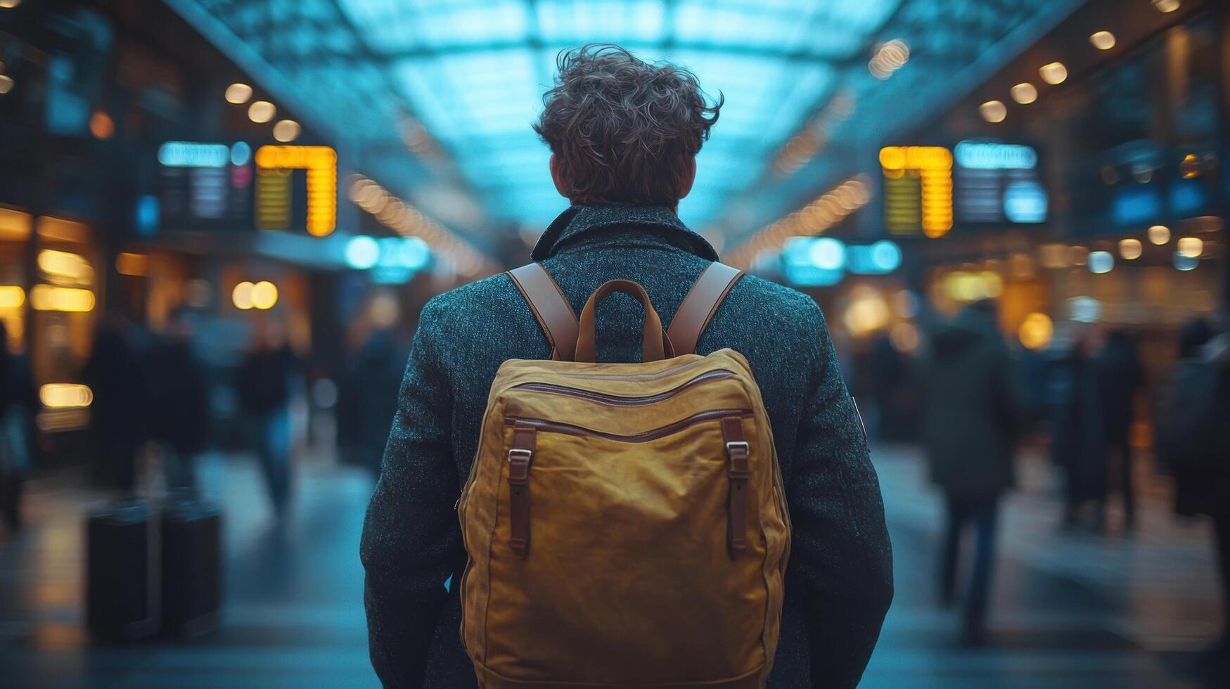 Traveler in a bustling train station, preparing for an adventure in the early morning photo