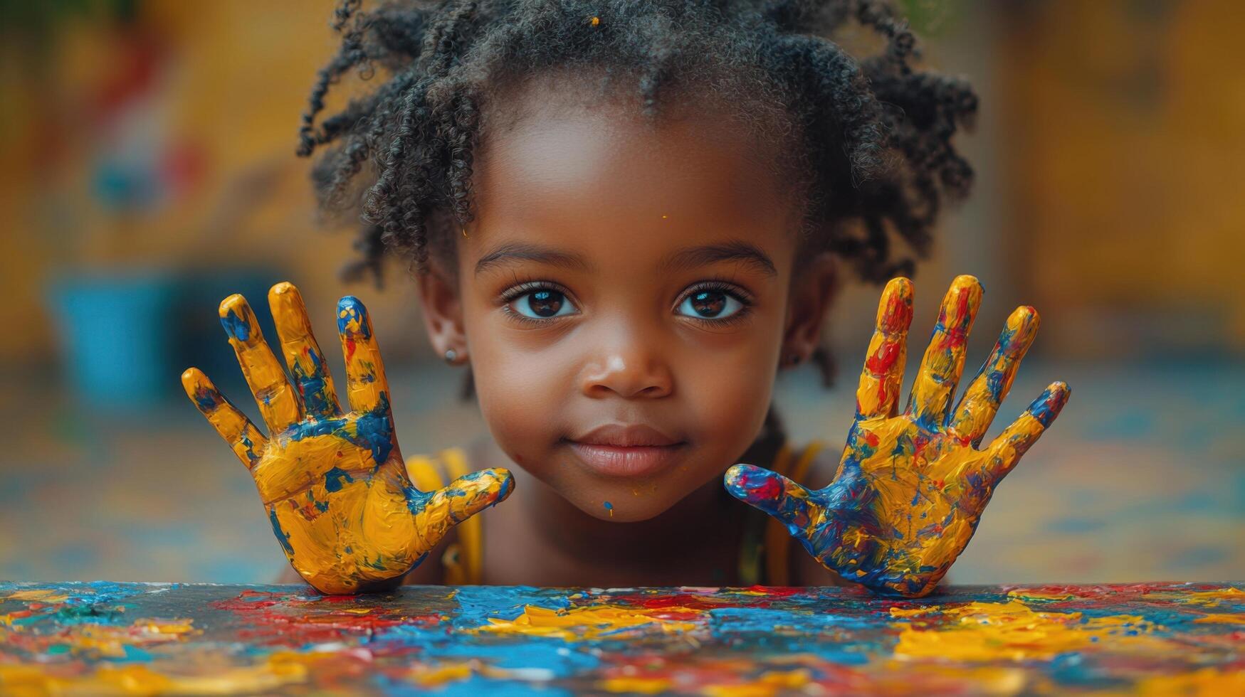Young child joyfully displaying colorful painted hands while engaged in creative play in a vibrant art space photo