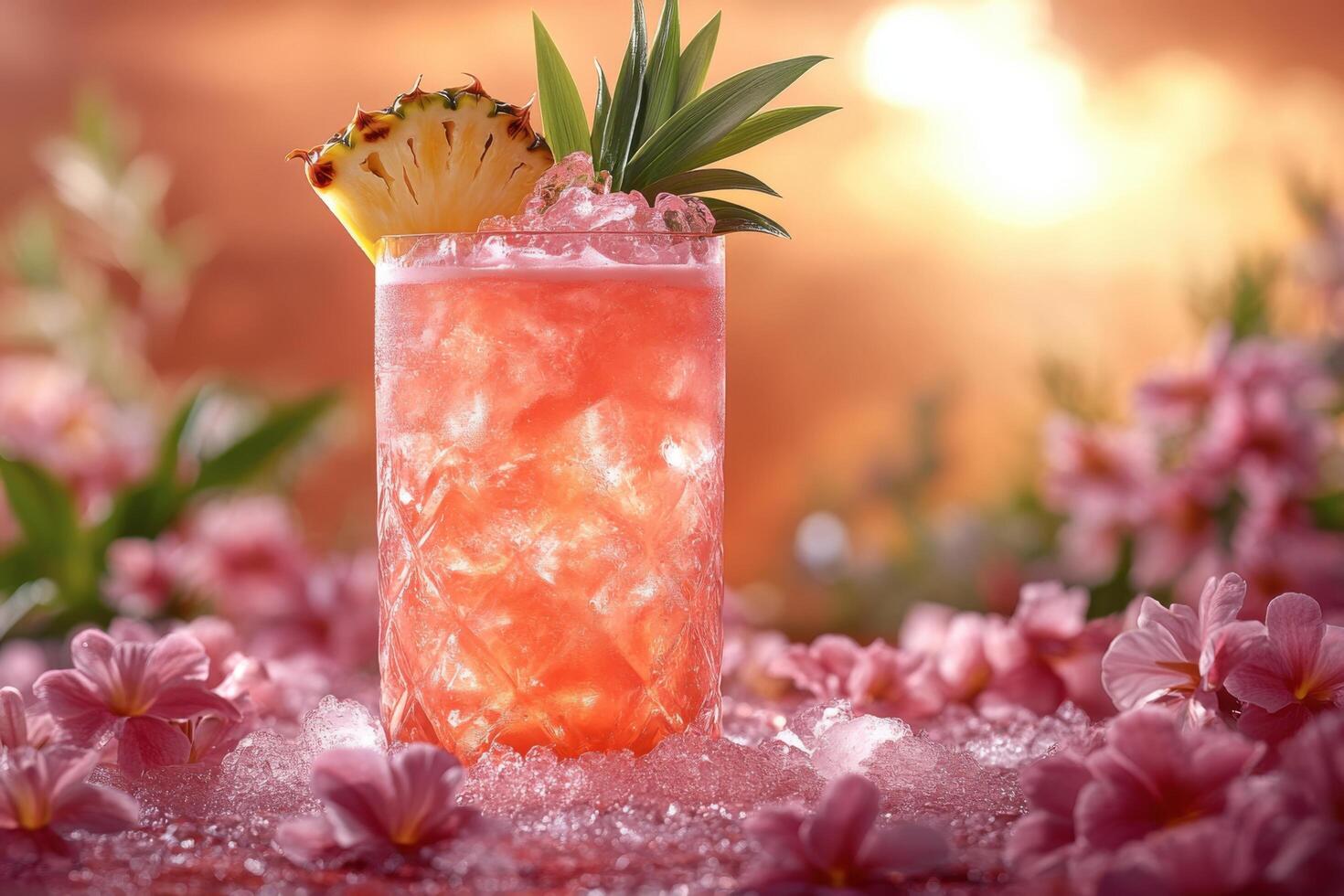 A drink with a pineapple garnish on top of ice photo