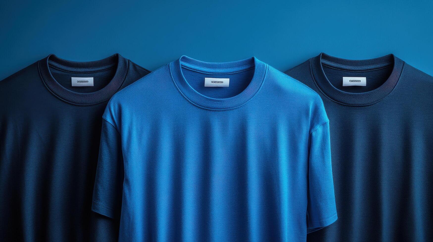 Collection of casual t-shirts in various shades of blue displayed against a solid blue background photo