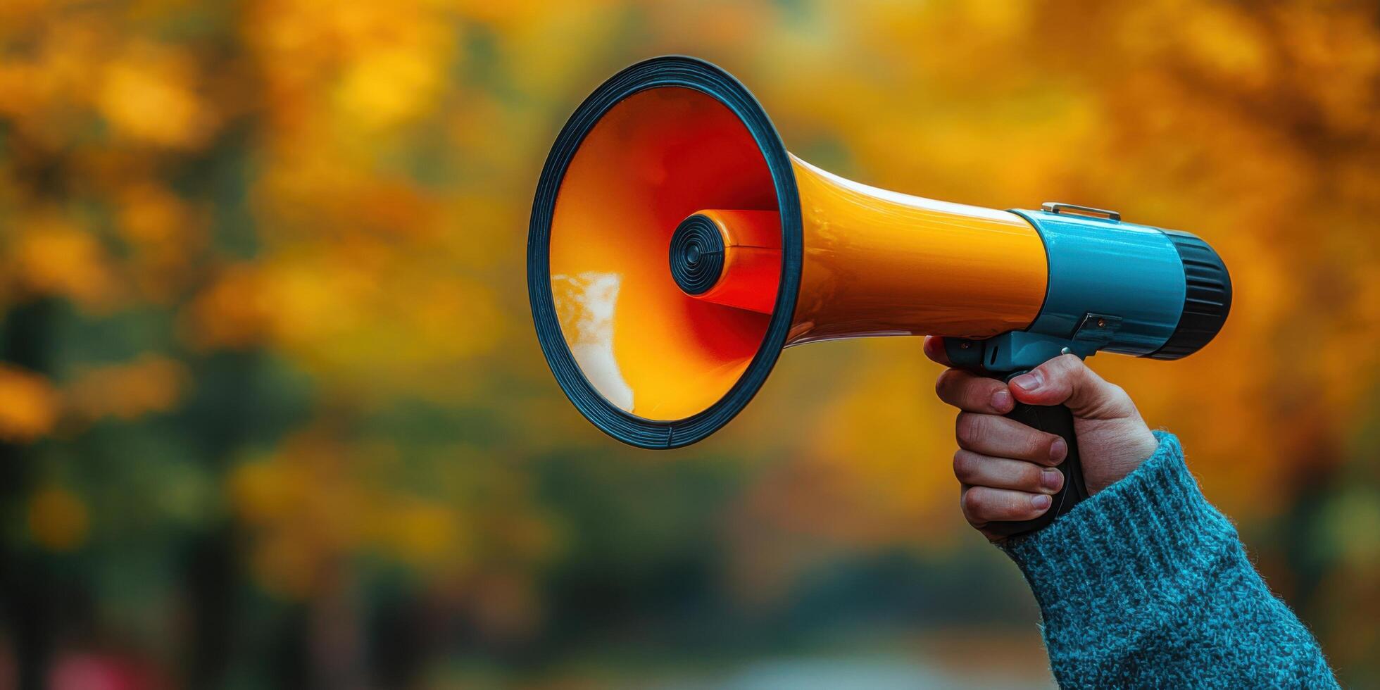 Person holding a megaphone in an autumn forest during a peaceful gathering photo