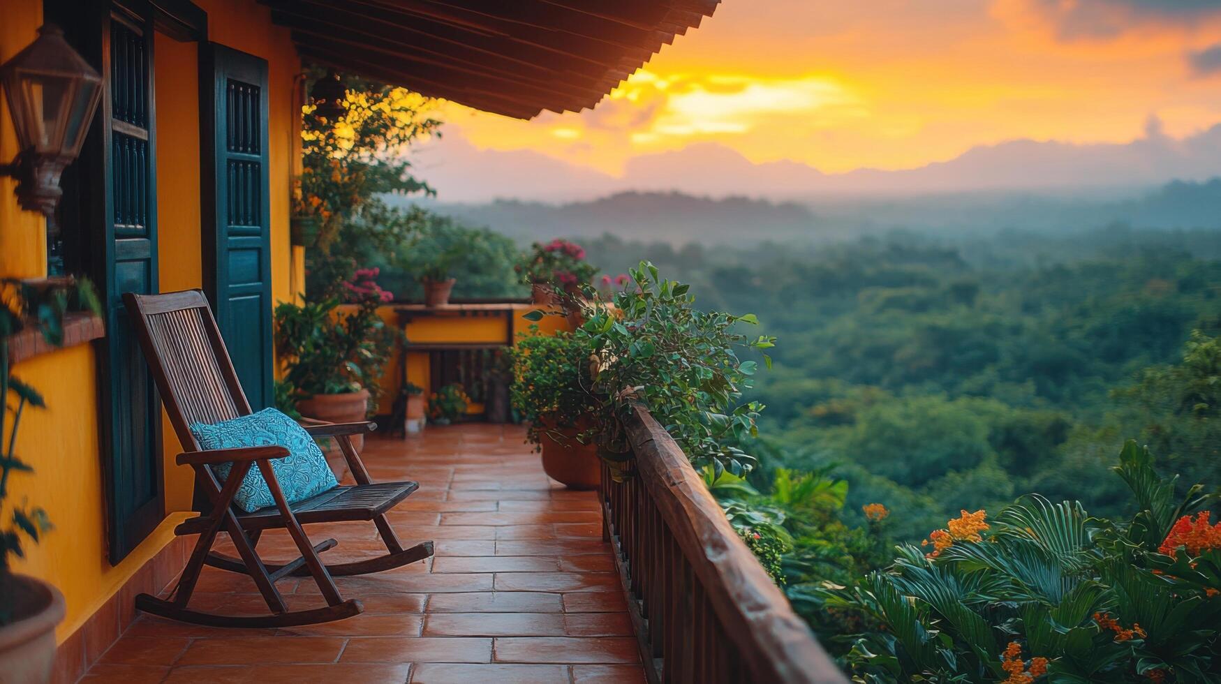 Sunset view from a tranquil balcony overlooking lush hills and vibrant flowers in a scenic countryside setting photo