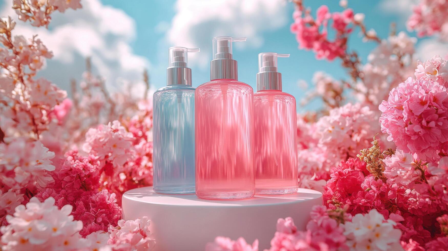 Bottles of skincare products surrounded by vibrant pink and blue flowers on a bright day photo