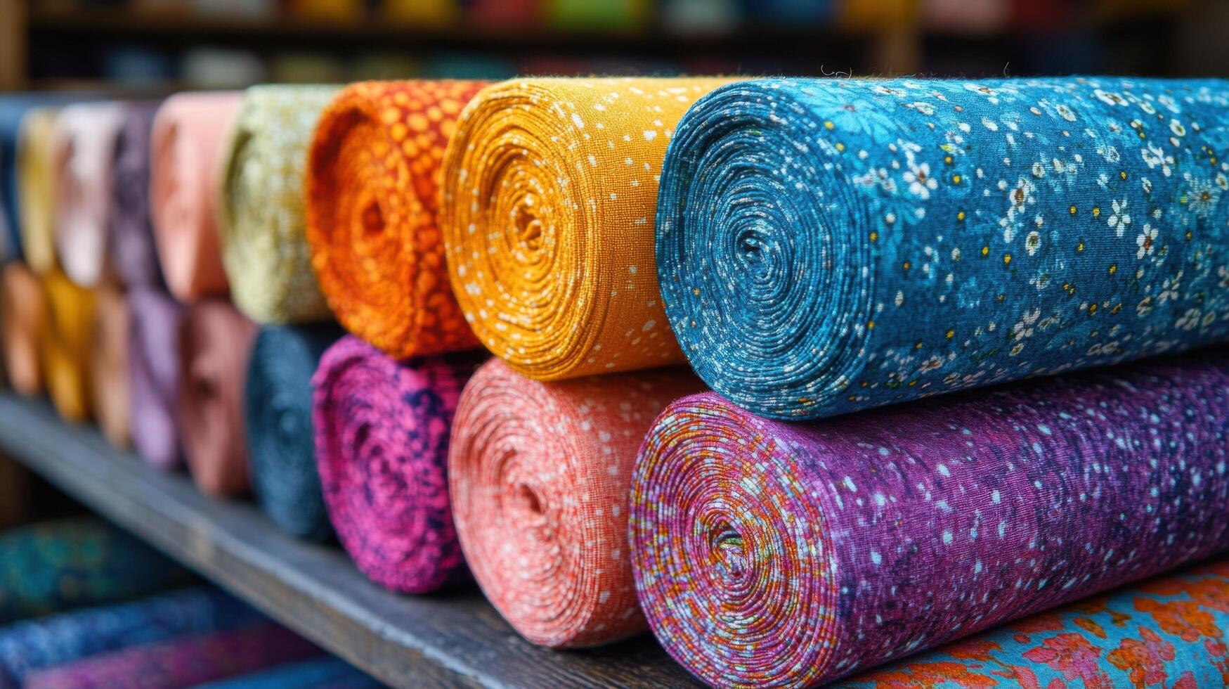 Colorful fabric rolls neatly arranged on display in a textile shop with vibrant patterns and textures photo