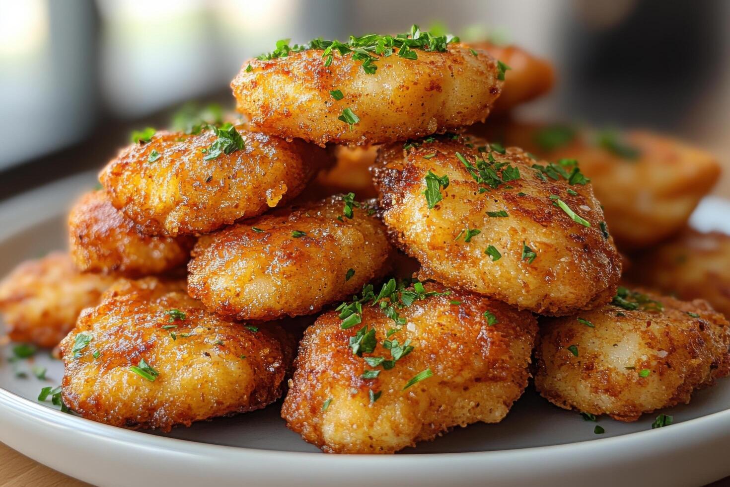 A plate of fried food with a side of parsley photo