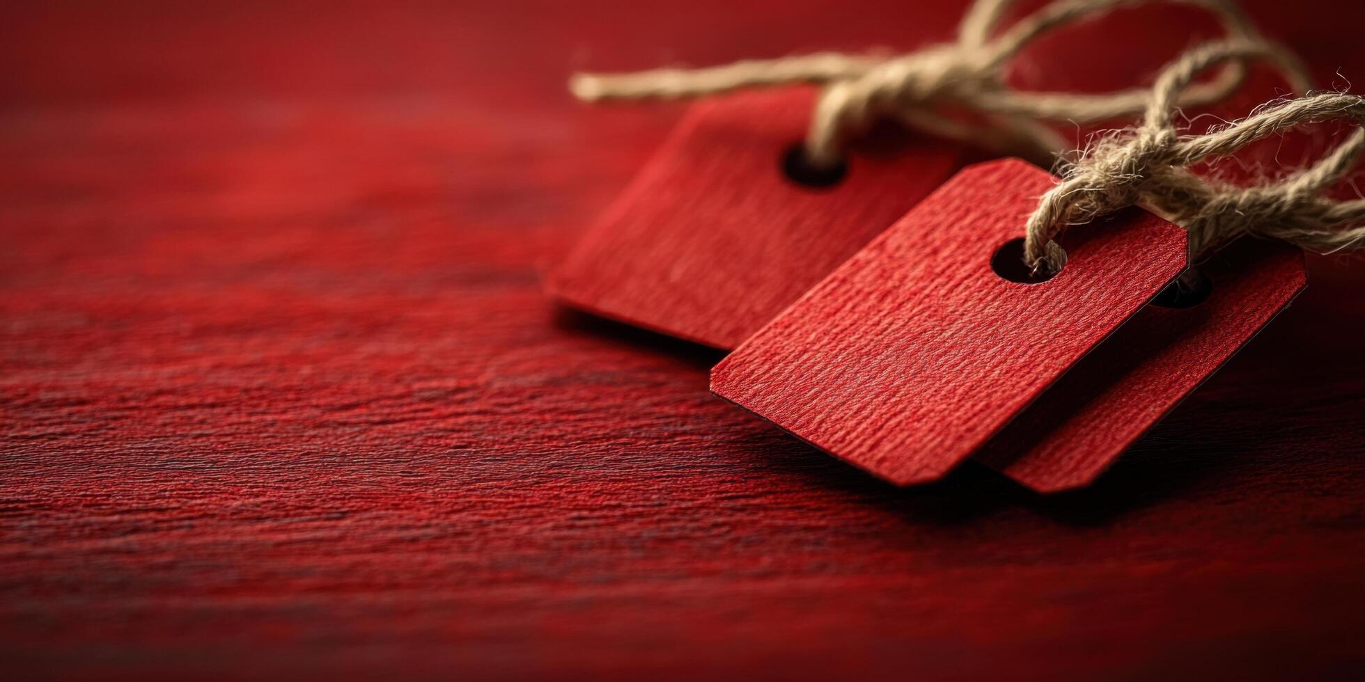 Twin red tags resting on a textured wooden surface with a rustic appearance photo