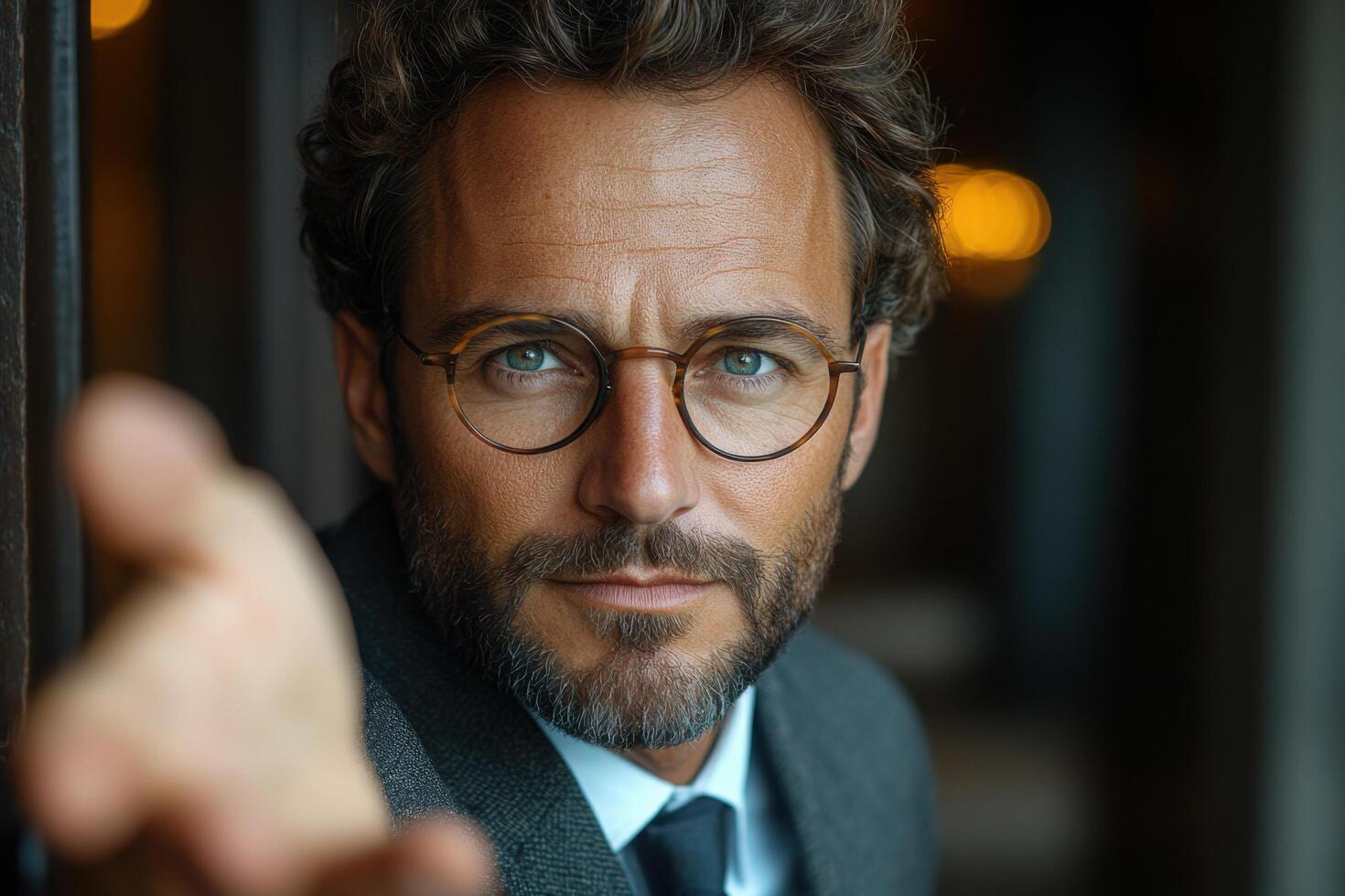 A man with glasses and a beard is pointing at something photo