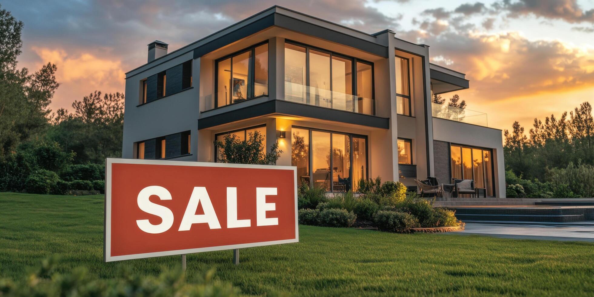 Modern home for sale at sunset with beautiful landscaping and ample outdoor space photo