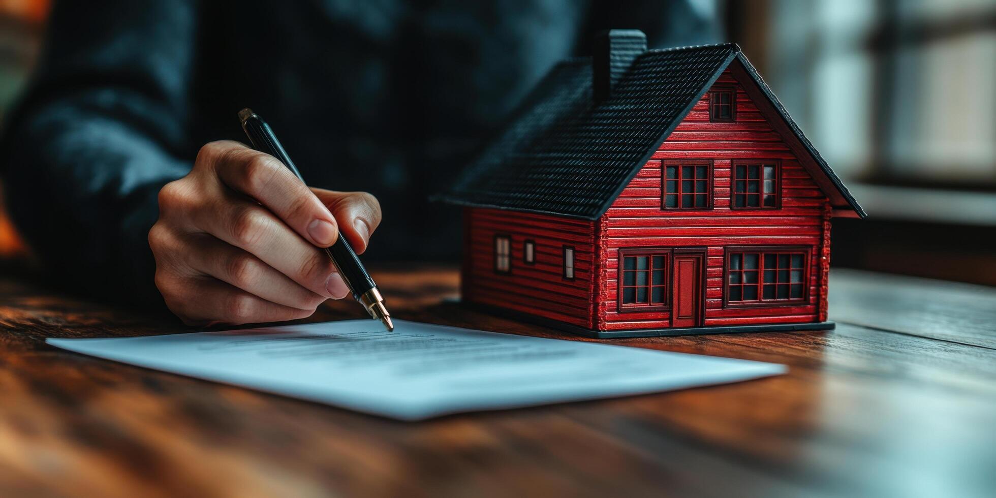Signing documents for a new home purchase in a cozy, inviting setting with wooden table photo