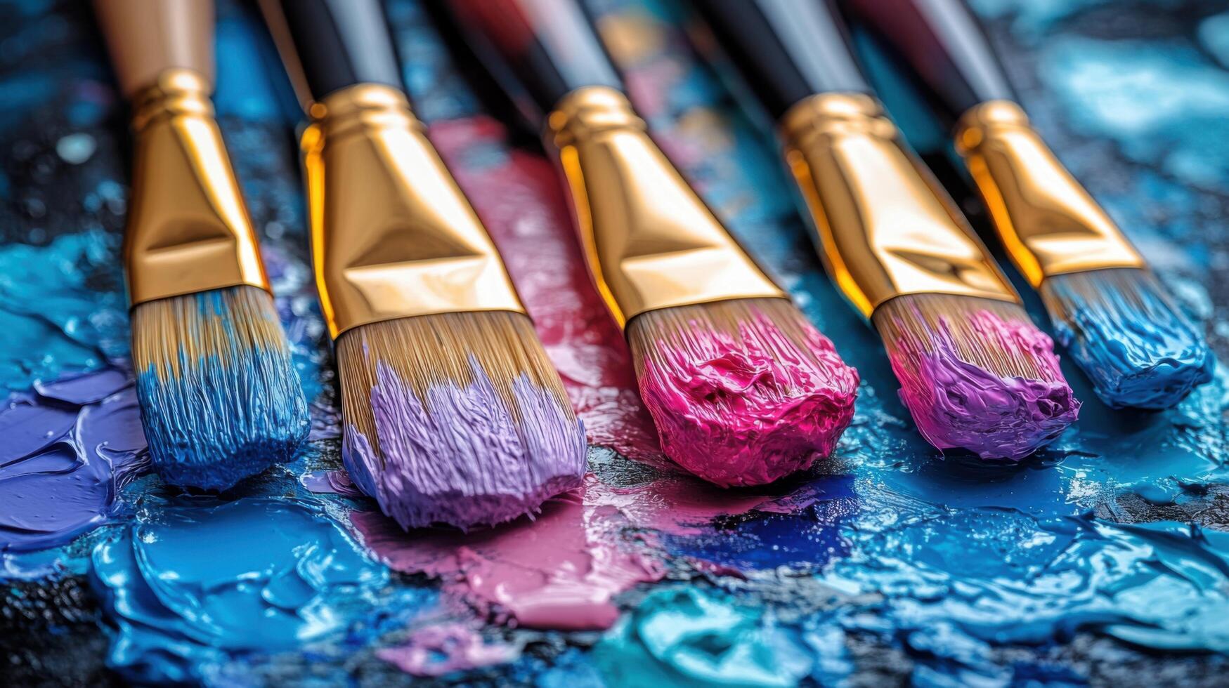 Artistic paintbrushes with vibrant colors on a textured palette during an afternoon creative session in a studio photo