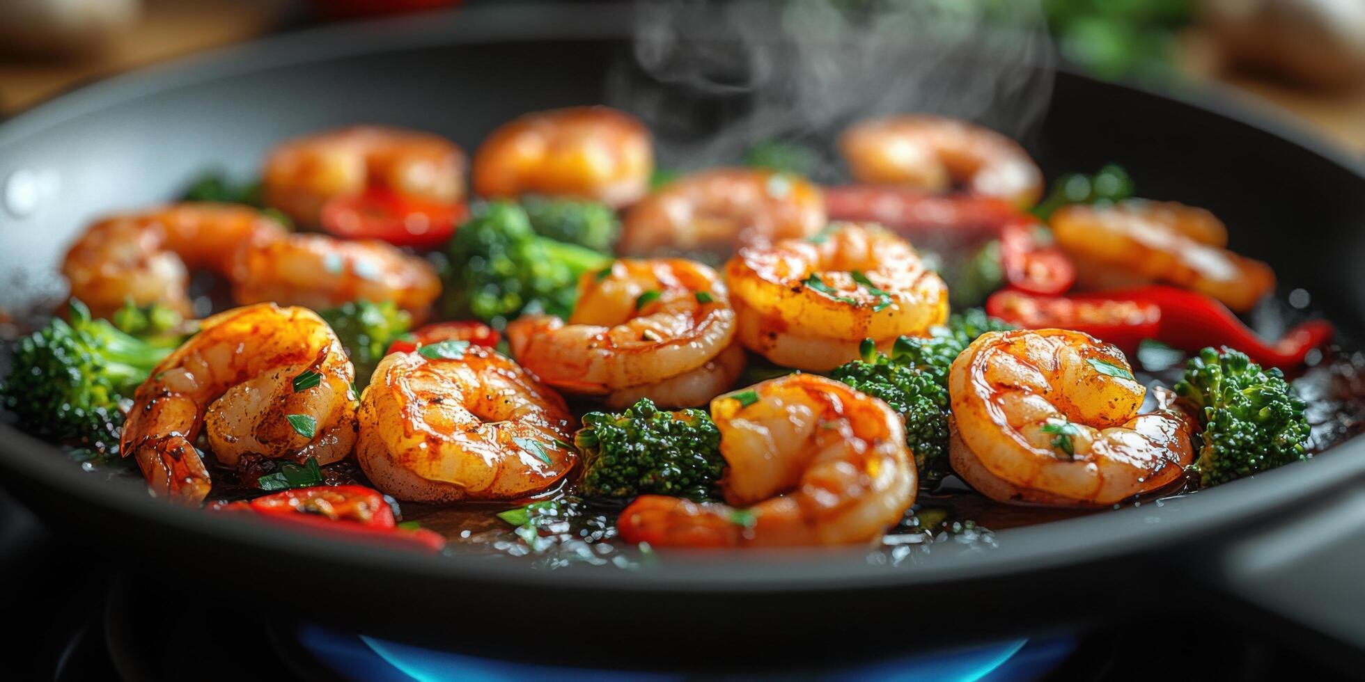Delicious shrimp stir-fry with broccoli and spices cooked on a stovetop at home photo