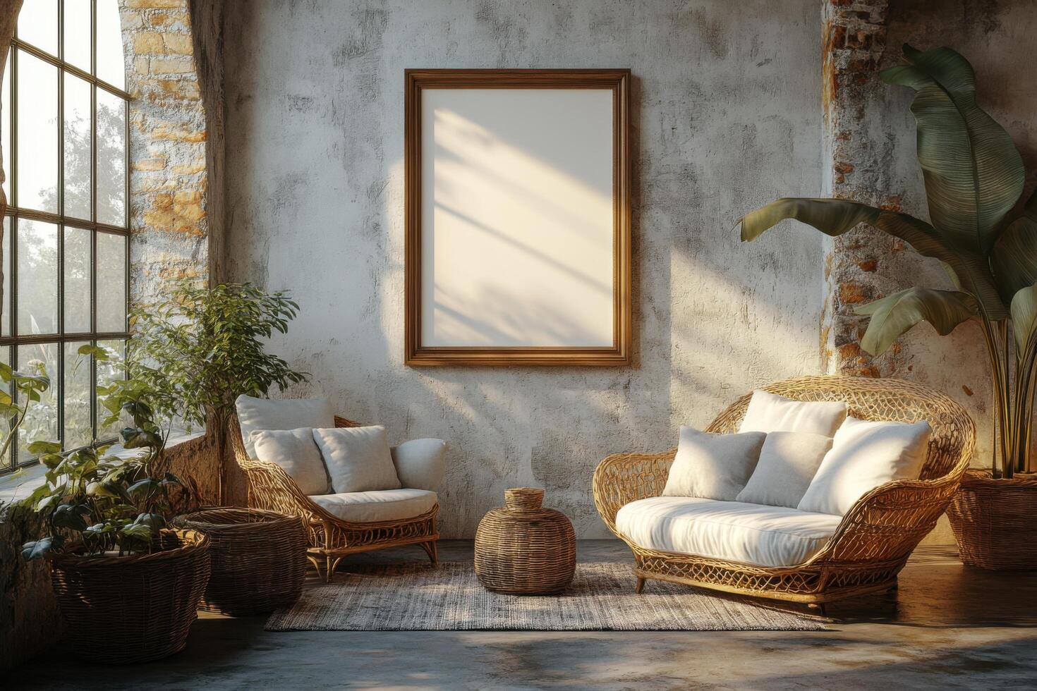 An empty frame sits in a room with wicker chairs photo