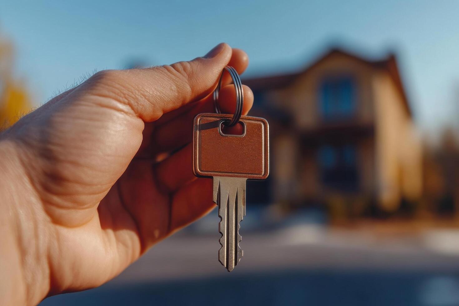 A person holding a key in front of a house photo