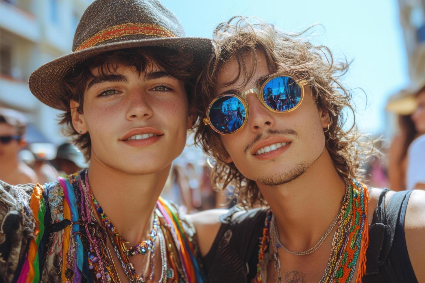 Two young men wearing sunglasses and hats at a festival photo
