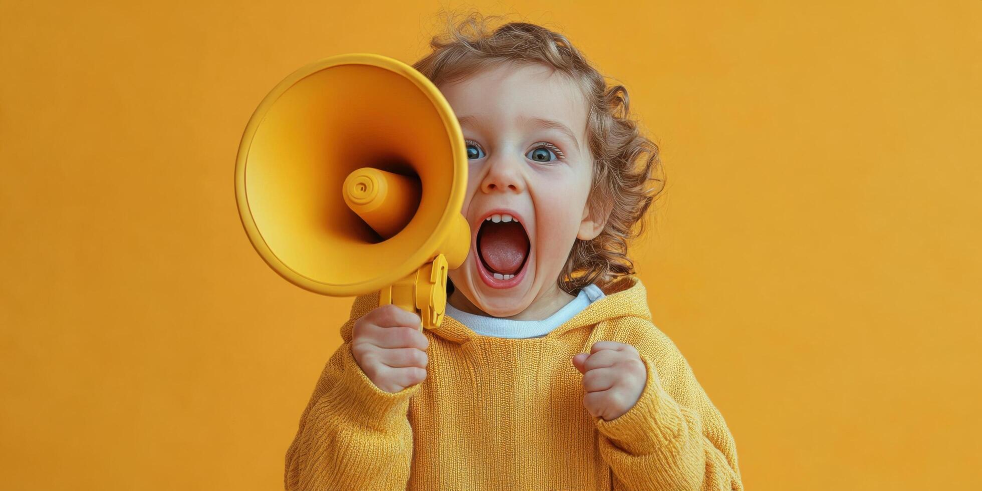 Child exuberantly yelling into a yellow megaphone against a bright orange background in a playful indoor setting photo