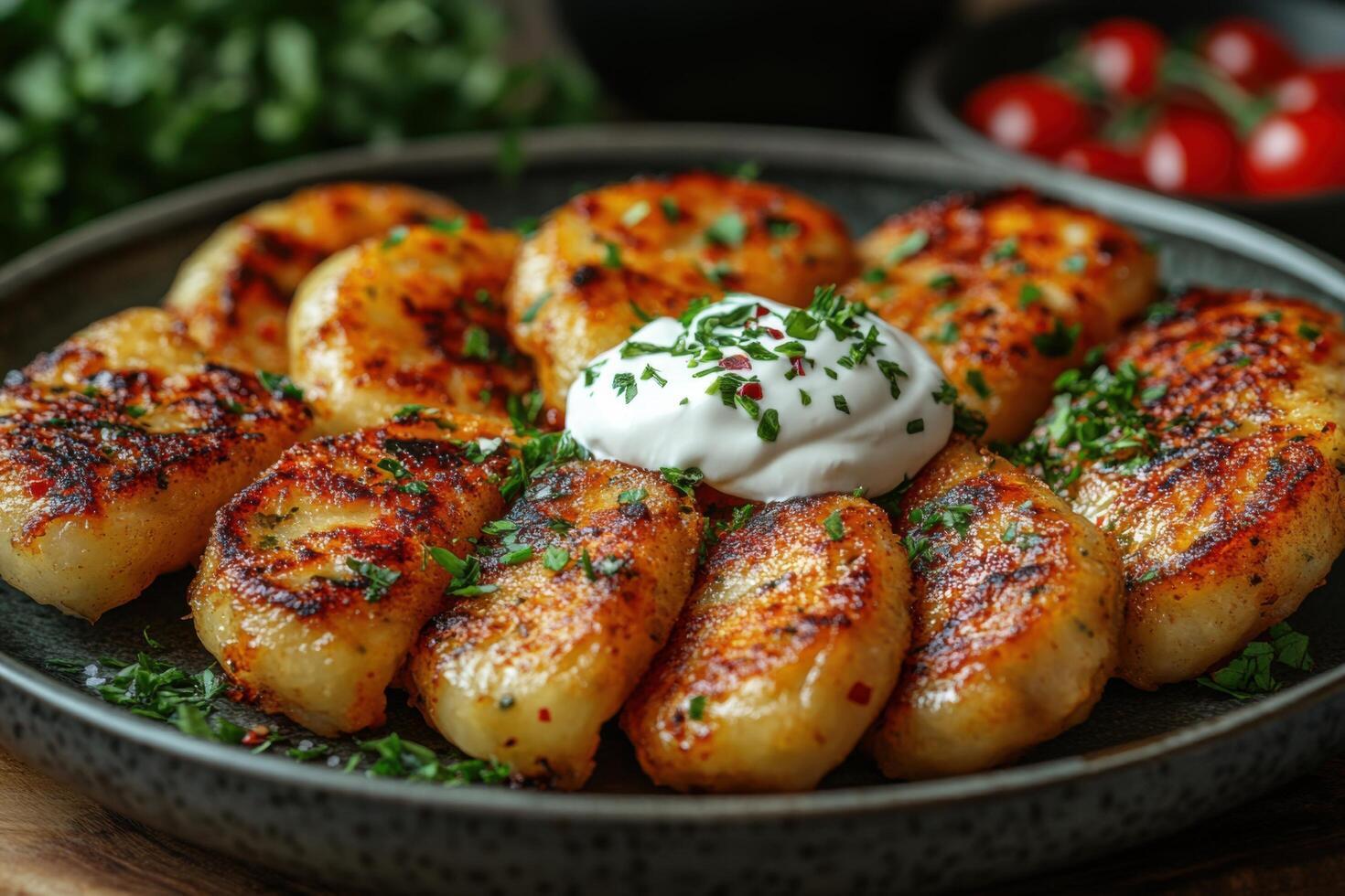 A plate of potatoes with sour cream and herbs photo