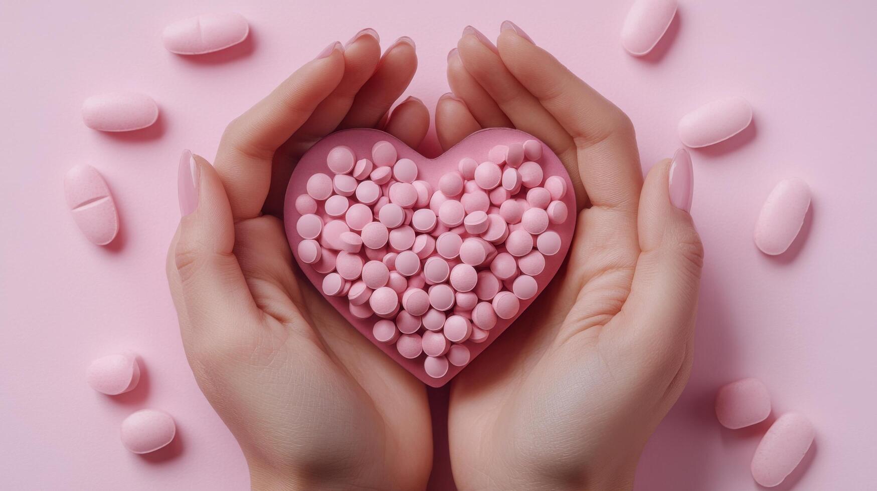 Hands holding a heart-shaped container filled with pink pills on a pink background photo
