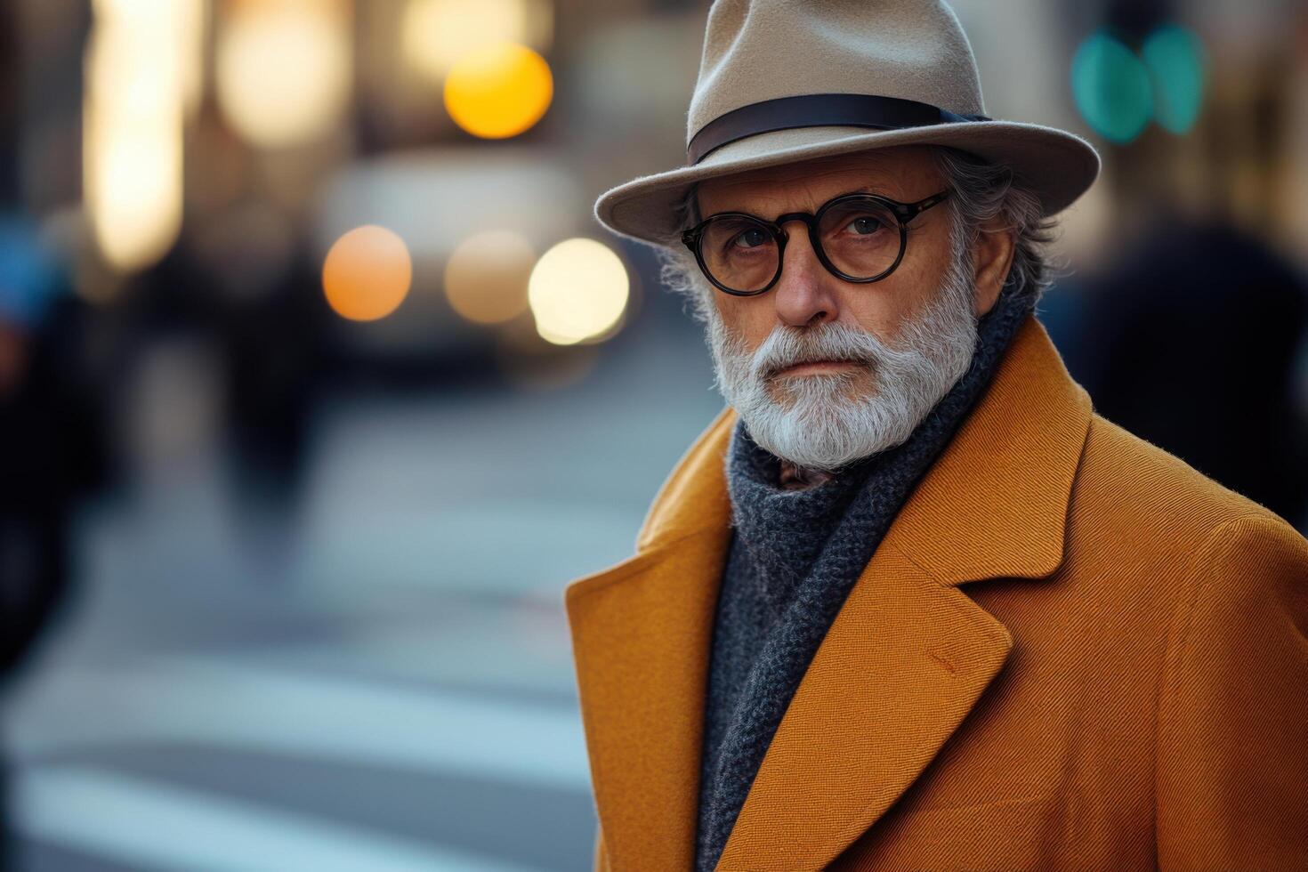 An older man in a hat and coat walking down the street photo