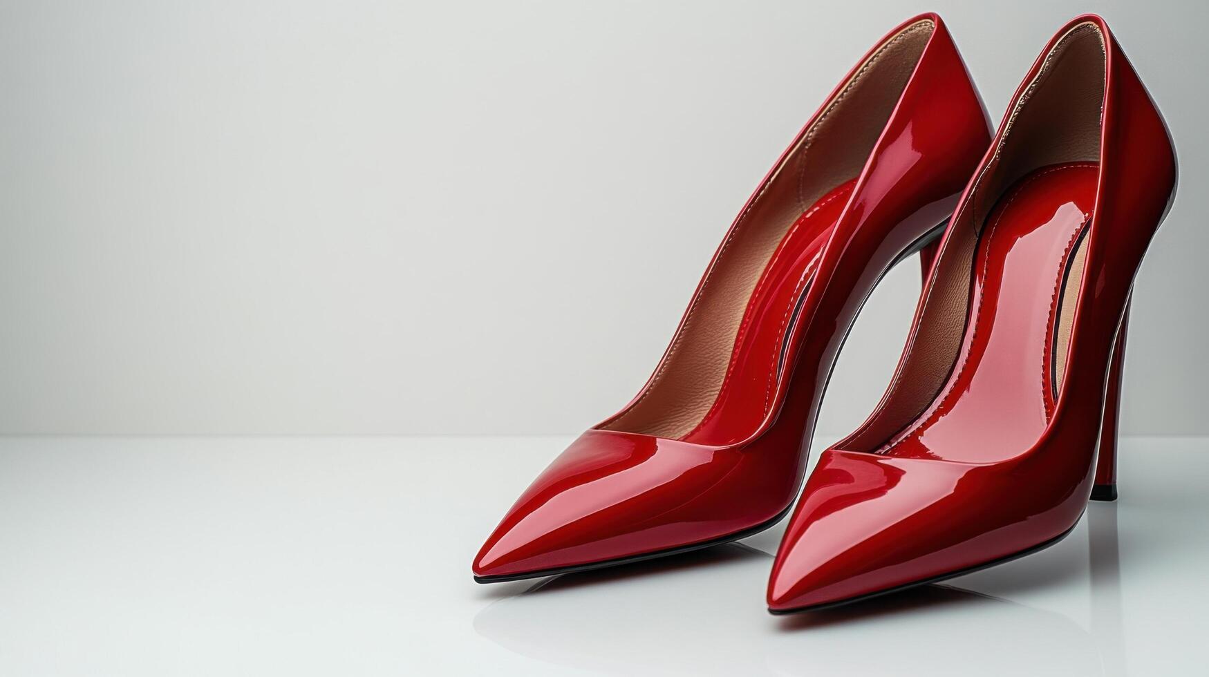 Elegant red high-heeled shoes displayed on a plain surface for a stylish fashion showcase photo