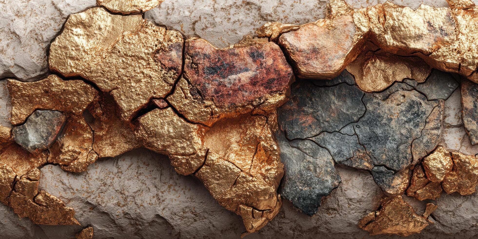 Textured surface with cracks revealing golden and gray layers in natural formation photo