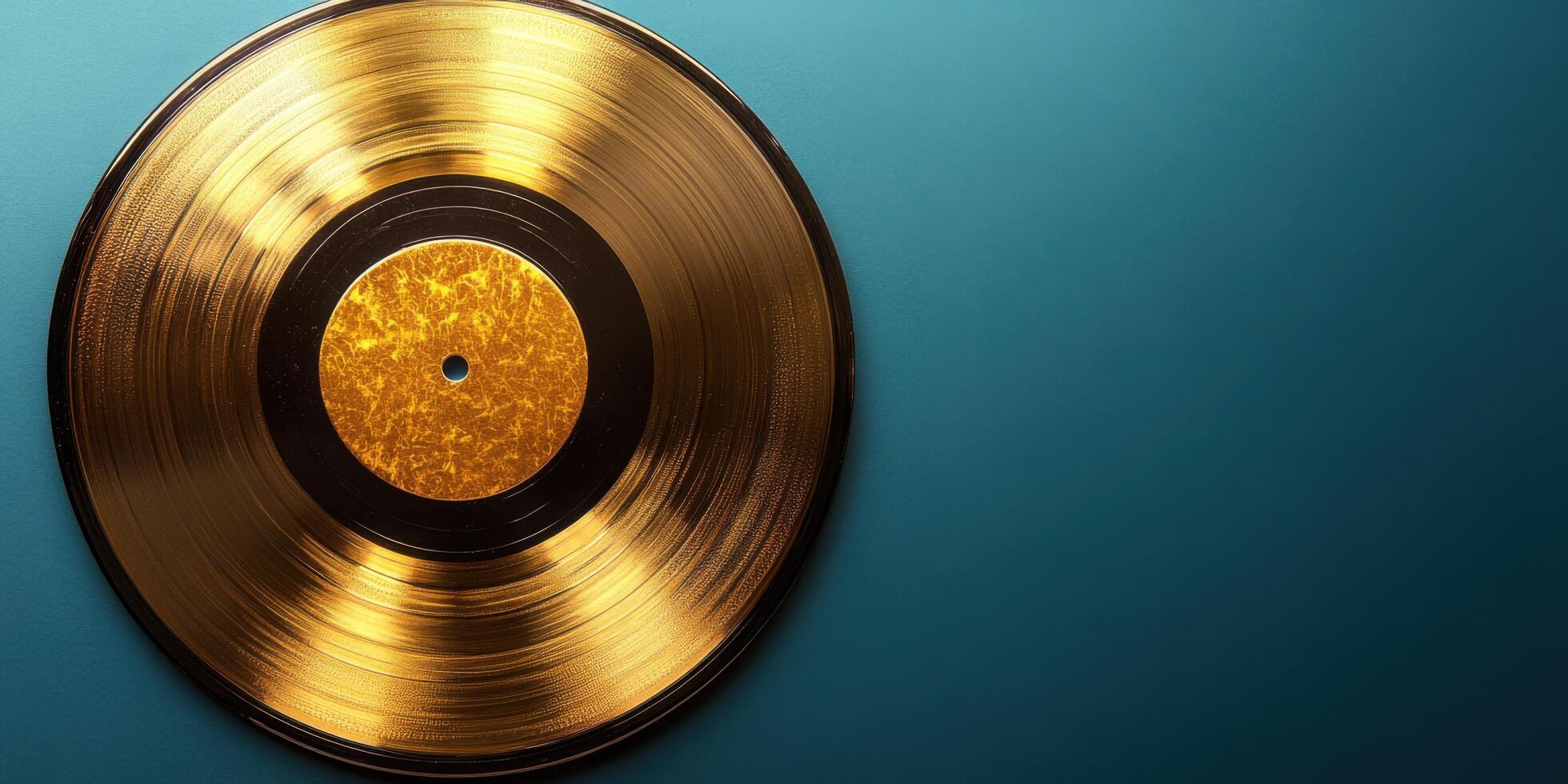 Golden vinyl record resting on a smooth blue background with a shiny surface reflecting light and creating a vintage atmosphere photo