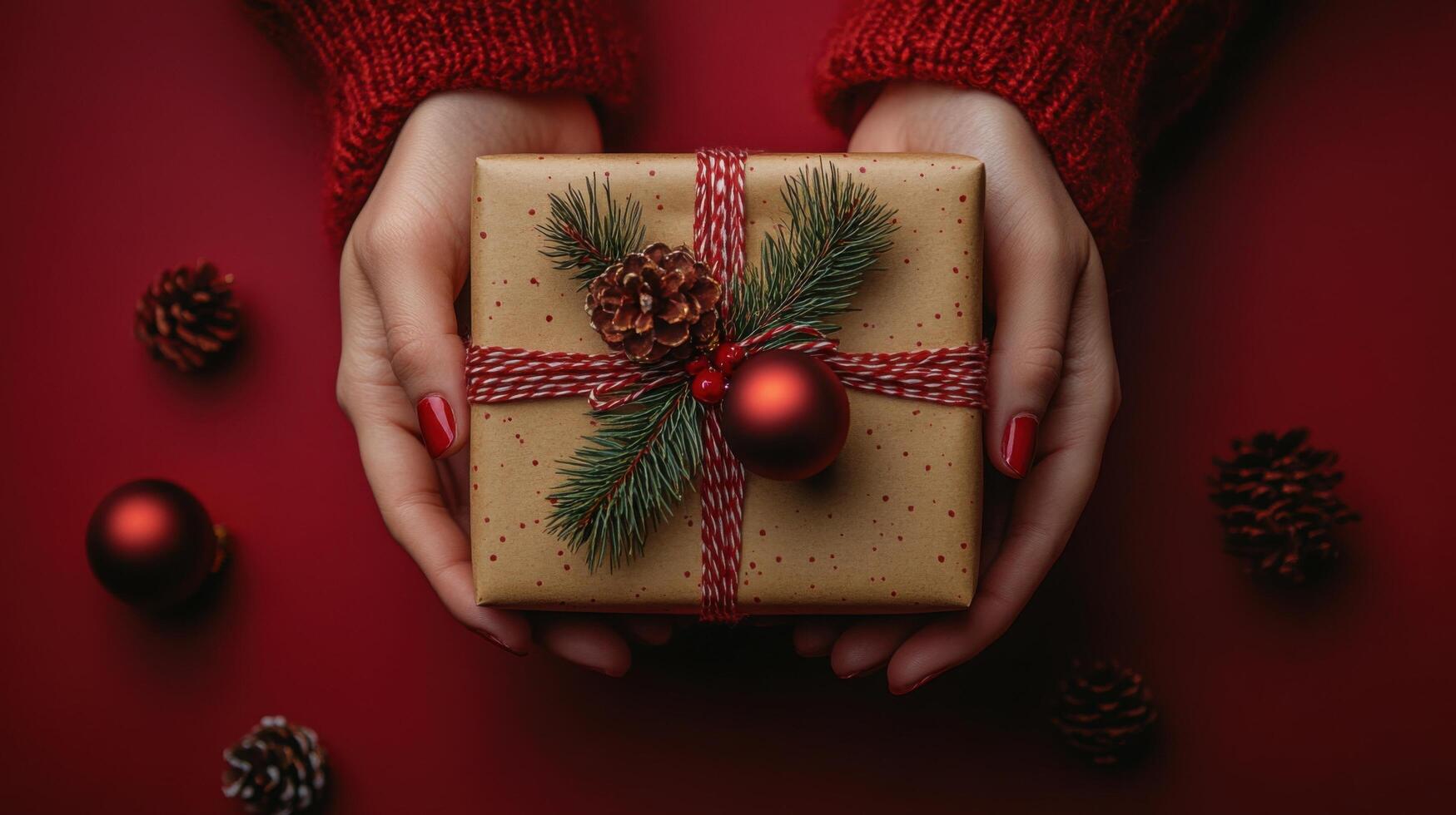 Christmas gift wrapped in festive paper held by hands on a red background surrounded by decorations photo