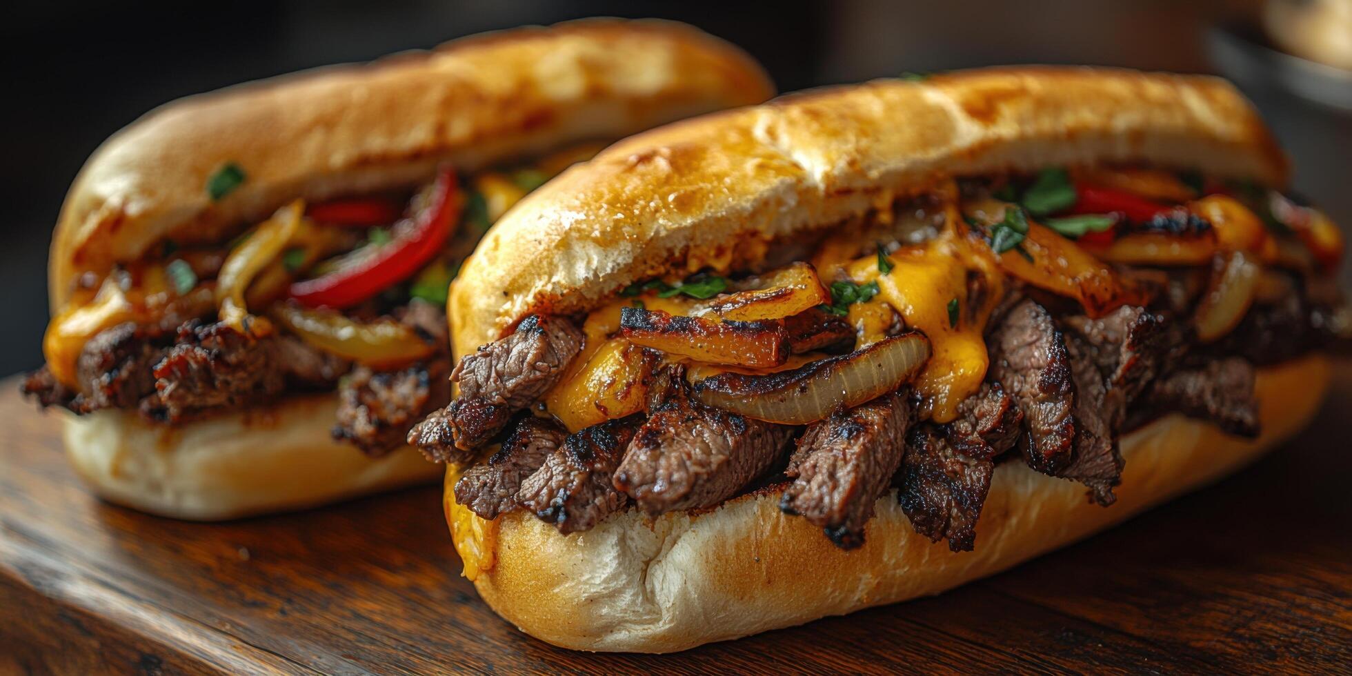 Delicious steak sandwich with grilled peppers and melted cheese served on toasted bread photo