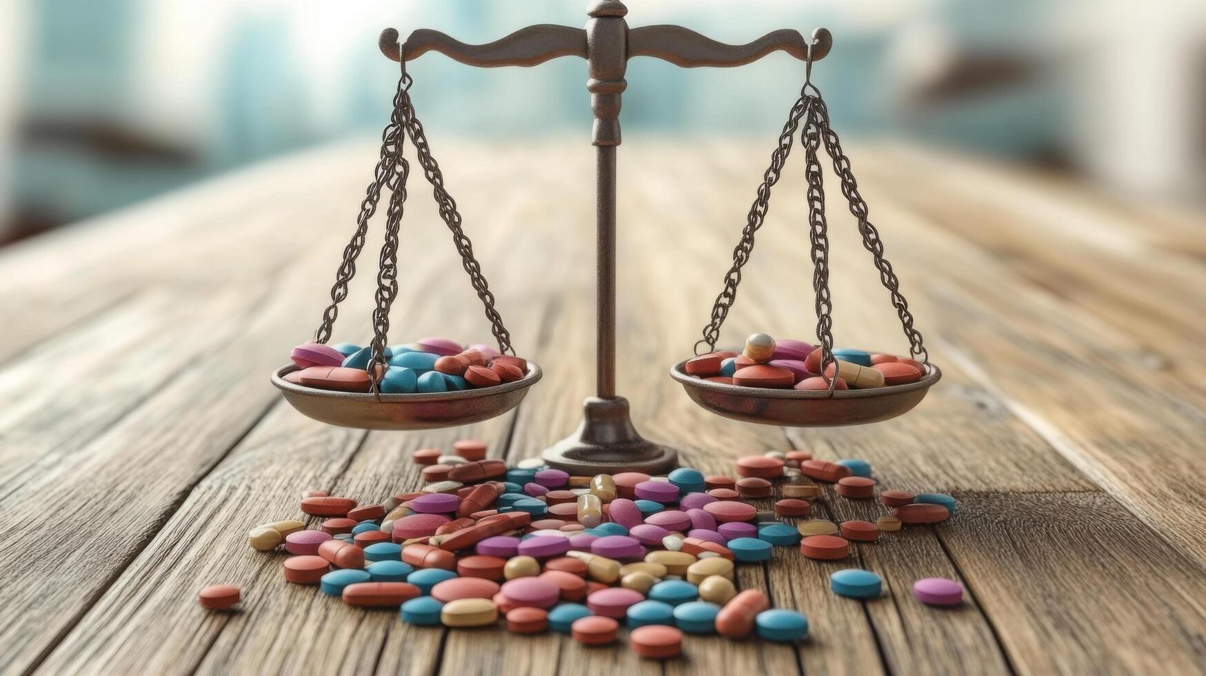 Balance of colorful tablets on scales with spilled candies on wooden surface in a bright setting photo