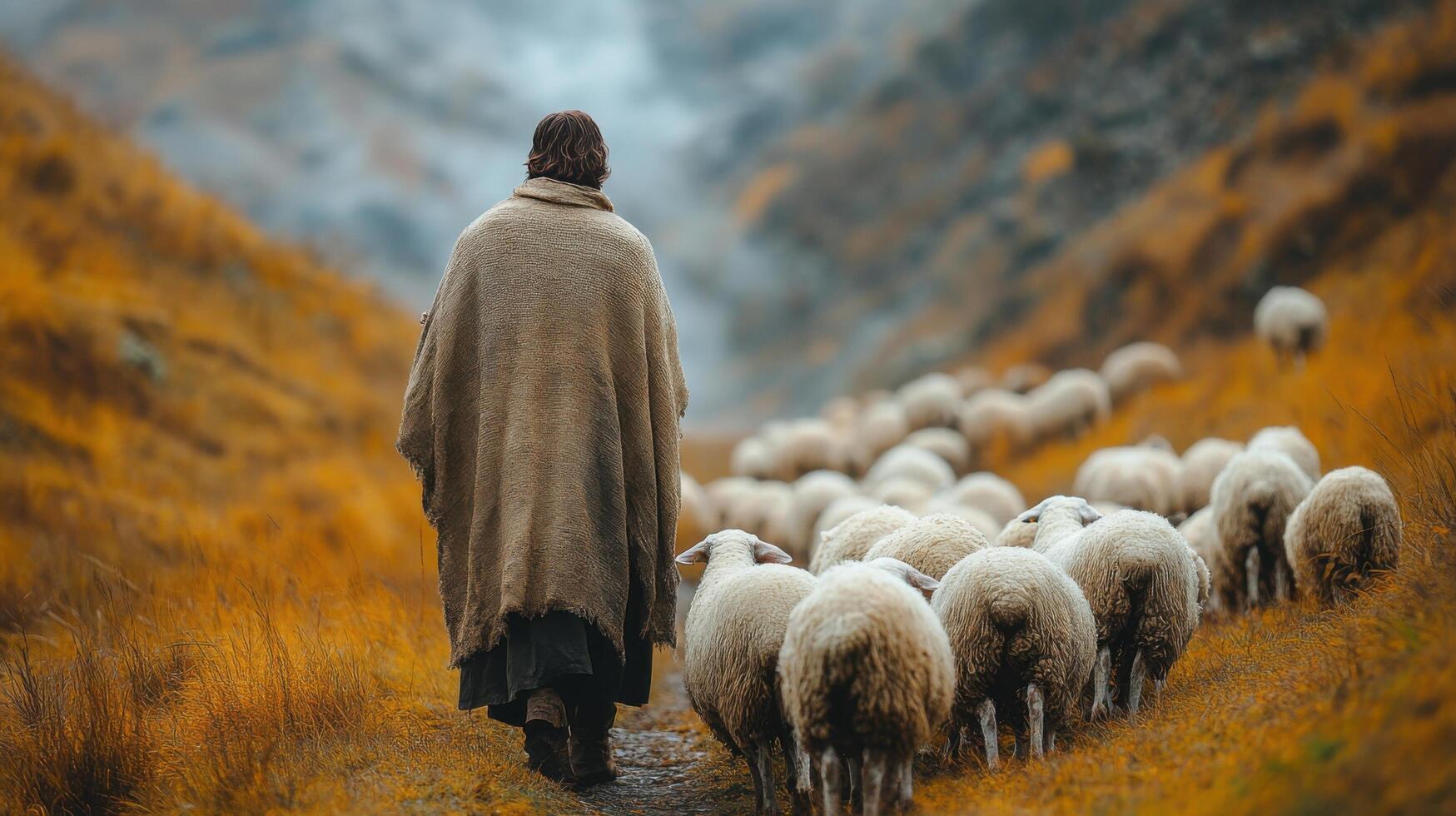 Shepherd guiding a flock of sheep through autumn hills in a serene rural landscape photo