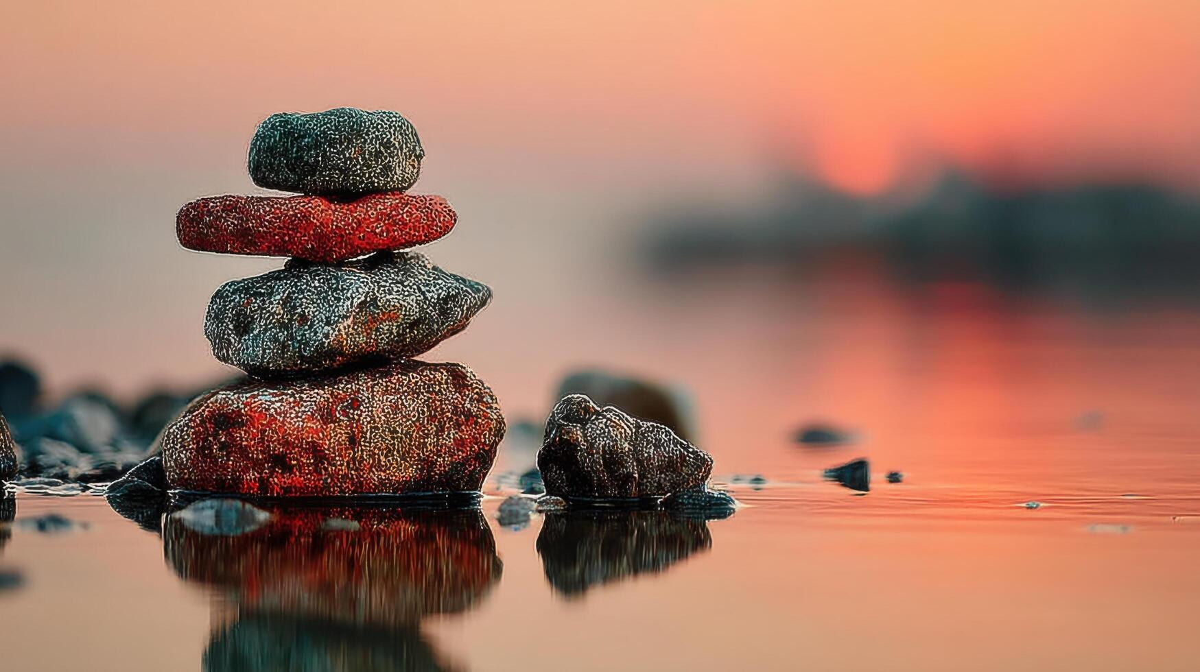 Sunset reflection over carefully balanced stones by the water at a tranquil lakeside location photo