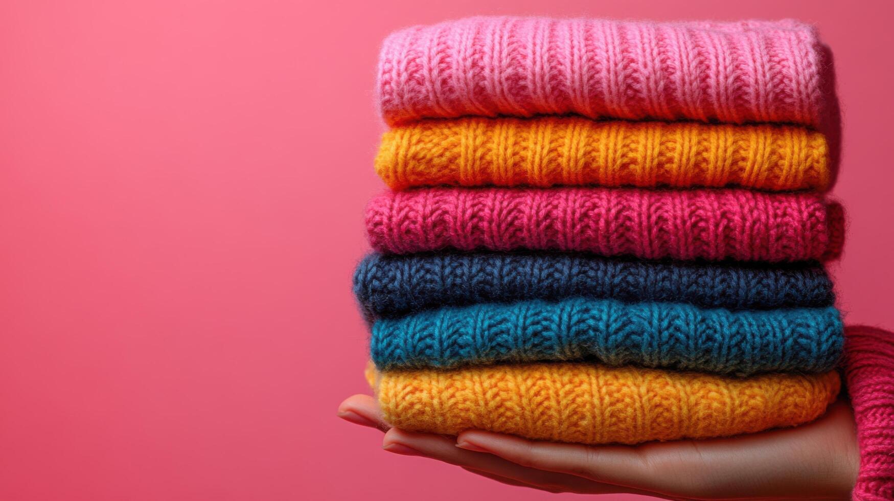 Colorful stack of knitted sweaters held against a bright pink background showcasing vibrant textures and hues photo