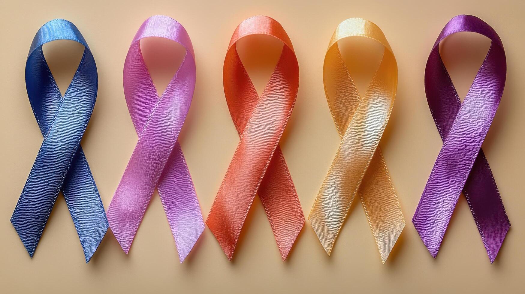 Colorful awareness ribbons displayed together representing various causes with a soft, neutral background suitable for awareness campaigns photo