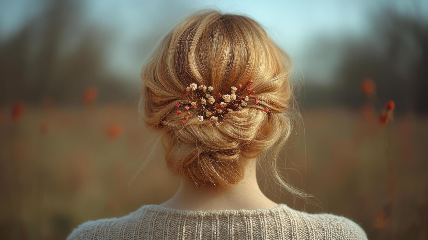 Woman with floral hair accessory enjoys a peaceful moment in a sunny field of wildflowers during late afternoon photo