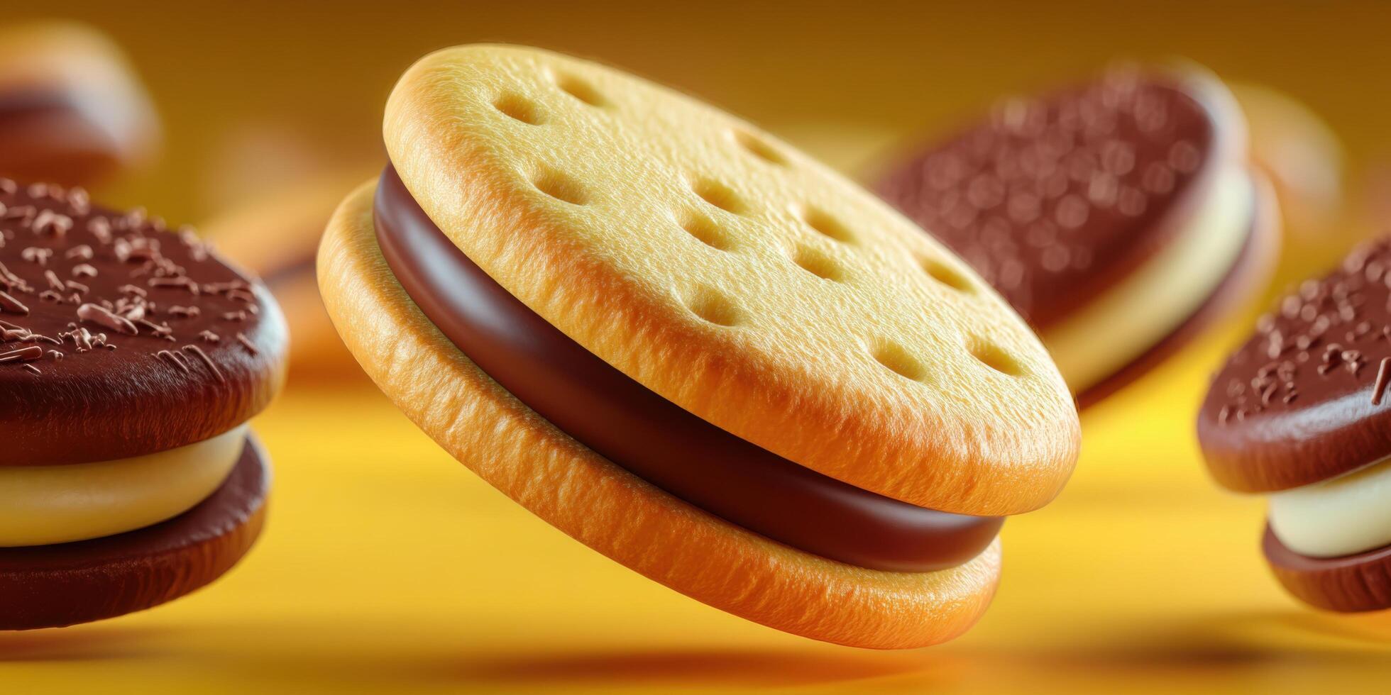 Delicious cookies with creamy filling showcased against a vibrant yellow background in an appetizing arrangement photo