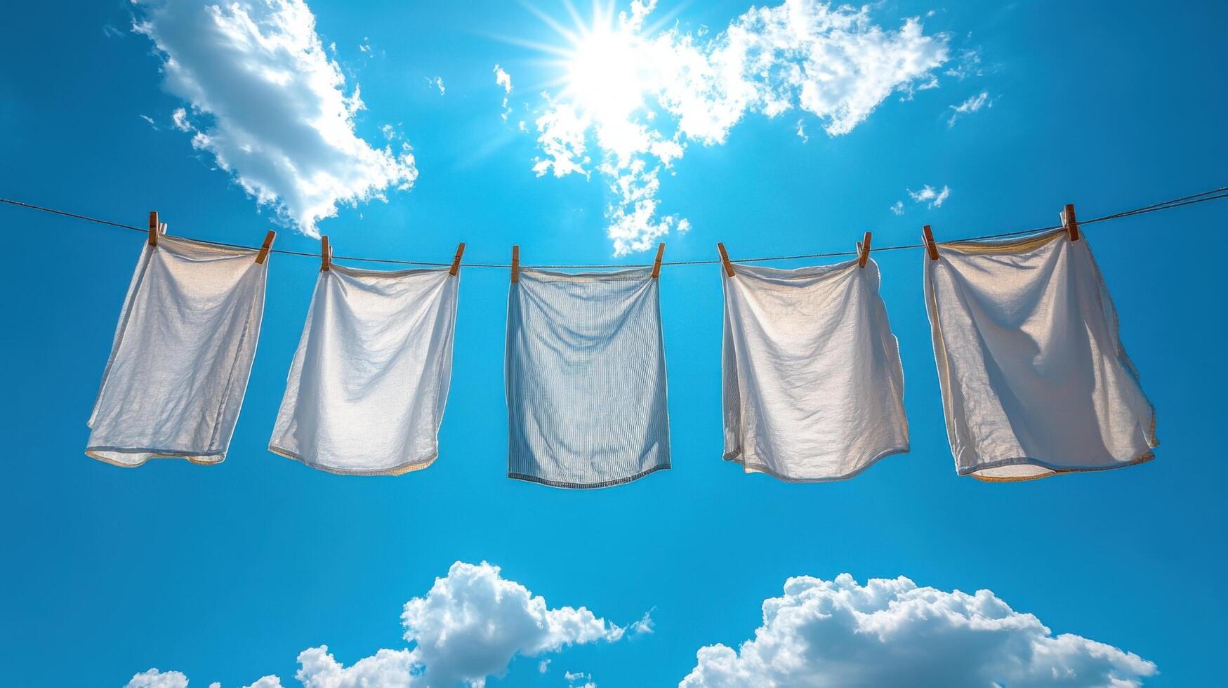 White laundry hanging on a clothesline under a bright blue sky with fluffy clouds on a sunny day photo