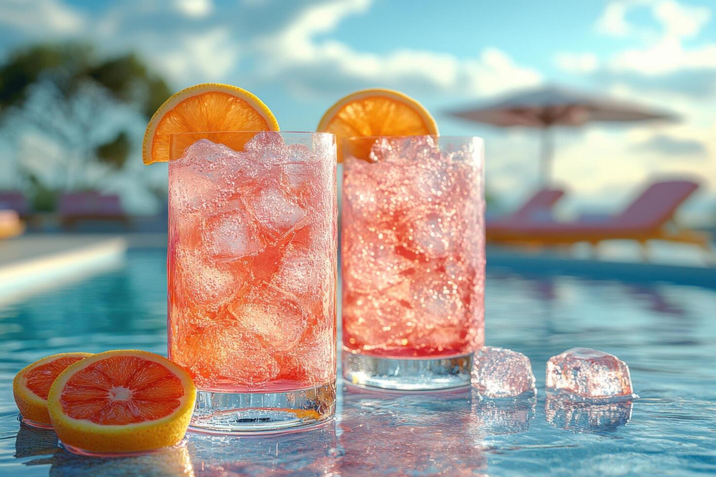 Two glasses of pink drink with ice and orange slices photo