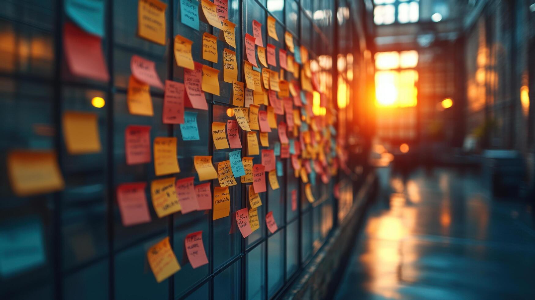 Bright sunset illuminates colorful sticky notes on glass wall in modern office space during evening hours photo